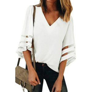 LADIES WHITE VENTED BELL SLEEVE BLOUSE - Size MED.